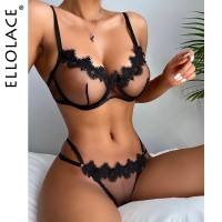 Sensual Lingerie Woman Transparent Lace Exotic Costumes Sheer Porn Intimate 2-Piece Underwire Bra Thongs 